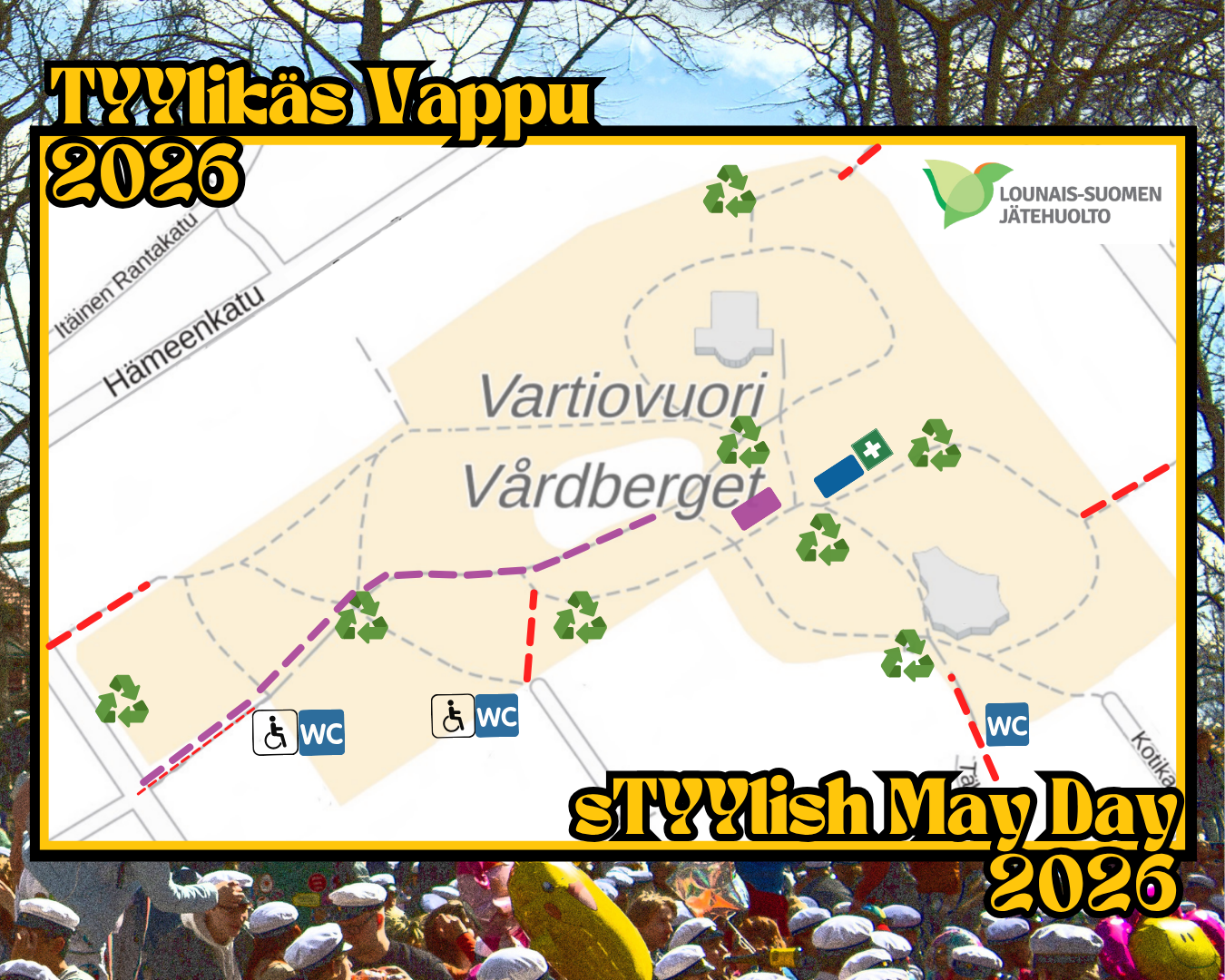 Map of Vartiovuorenmäki with the locations of the bathrooms, trash bins and the stage