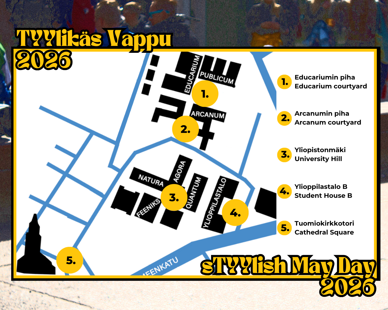 Map of the campus area, and five numerized punch areas