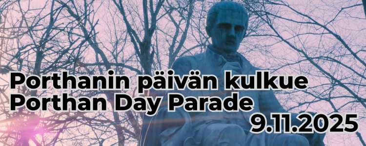 Kuva Porthanin patsaasta ja kulkueen päivämäärä