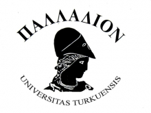Palladion ry:n logo, jossa lukee ylhäällä Palladion kreikkalaisin aakkosin, alhaalla lukee latinaksi universitas Turkuensis ja keskellä on kuva Palladion-veistoksesta.
