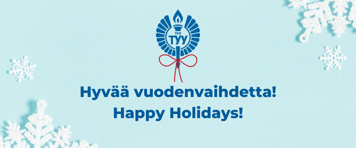 TYYn logo jossa punainen rusetti, kaksi lumihiutaletta reunoilla, vaaleansininen pohja